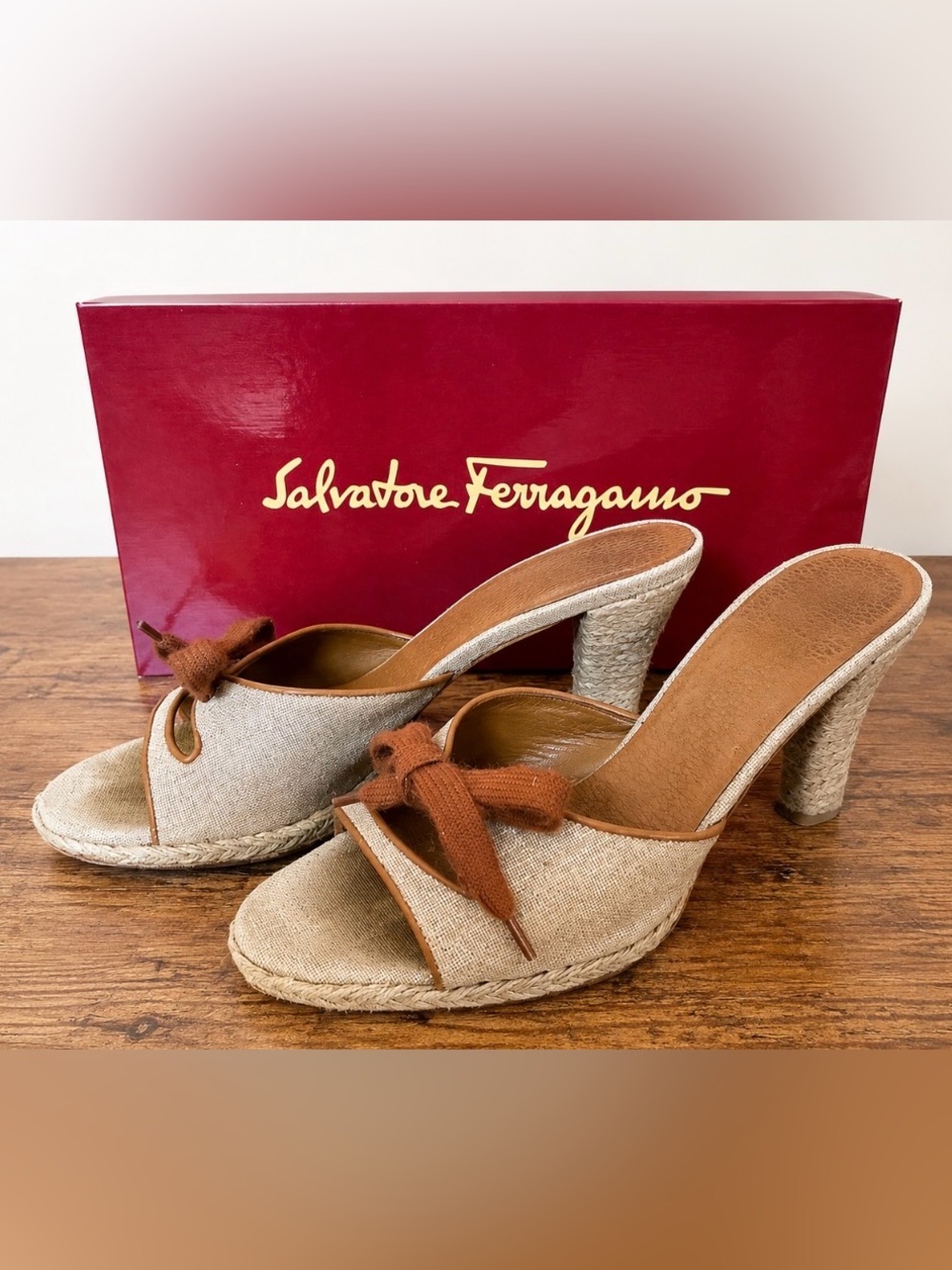 Salvatore Ferragamo Beige Linen Knot Mules with Brown Trim